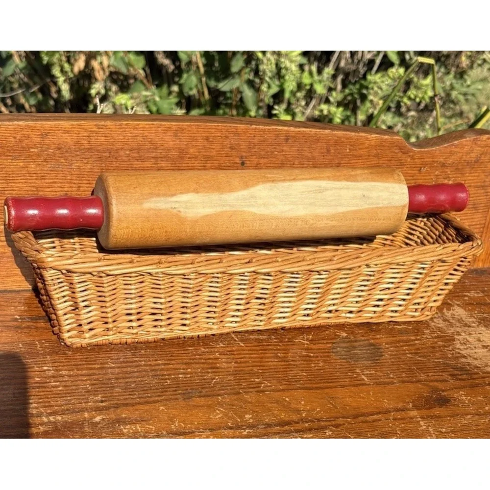 Vintage Wooden Rolling Pin with Red Handles 17
